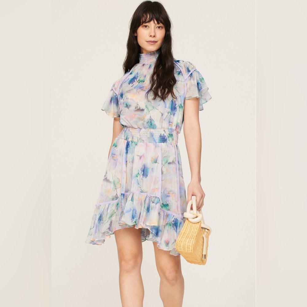 MISA Los Angeles Ella Dress | XS | Blue Tie Dye Floral Chiffon | Like New